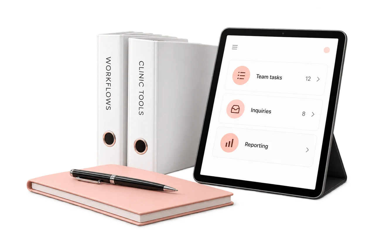 Clinic operations tablet, workflow binders and salmon notebook