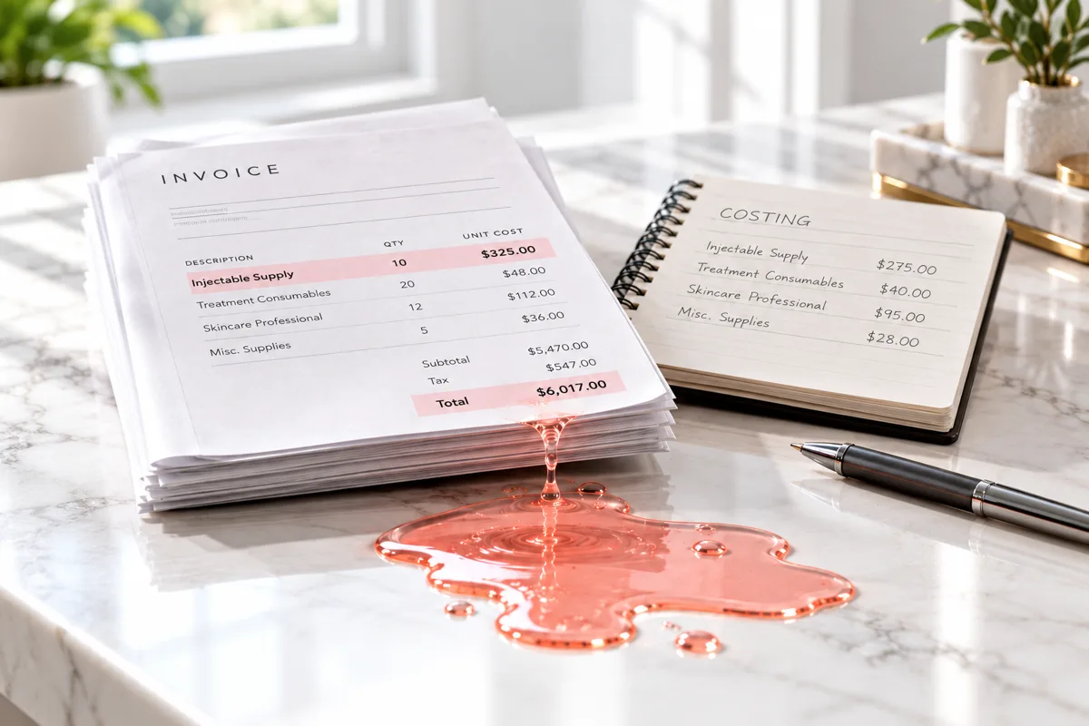 Supplier invoices and a costing sheet with salmon-pink liquid, representing a revenue leak