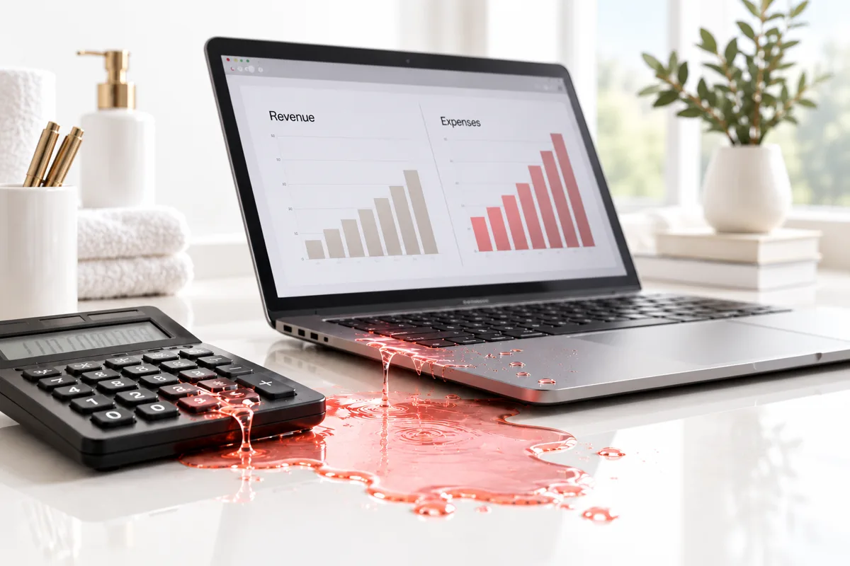 Clinic revenue and expenses on a laptop beside a calculator and coral liquid leak
